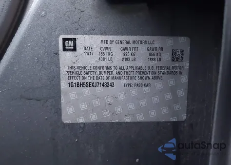 2018 Chevrolet Cruze Lt Auto из США, поврежденный, VIN 1G1BH5SEXJ7148343